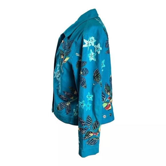 Chico's Design Jacket 2 M Denim Silk Embroidered Floral Hawaiian Parrot Bead VTG - Picture 4 of 11